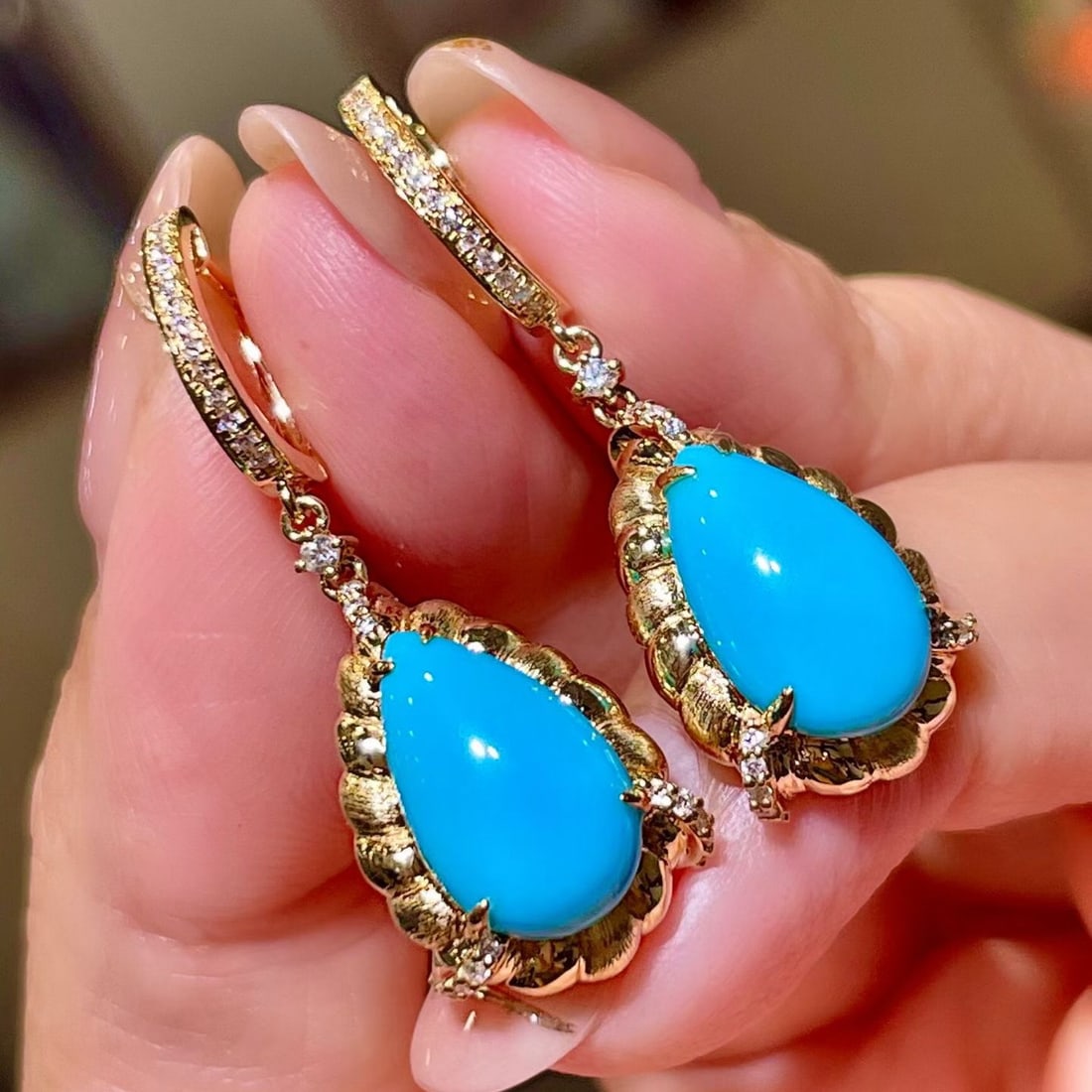 14k Gold 5.63 Ctw Natural Blue Turquoise & Diamond Earrings - 2