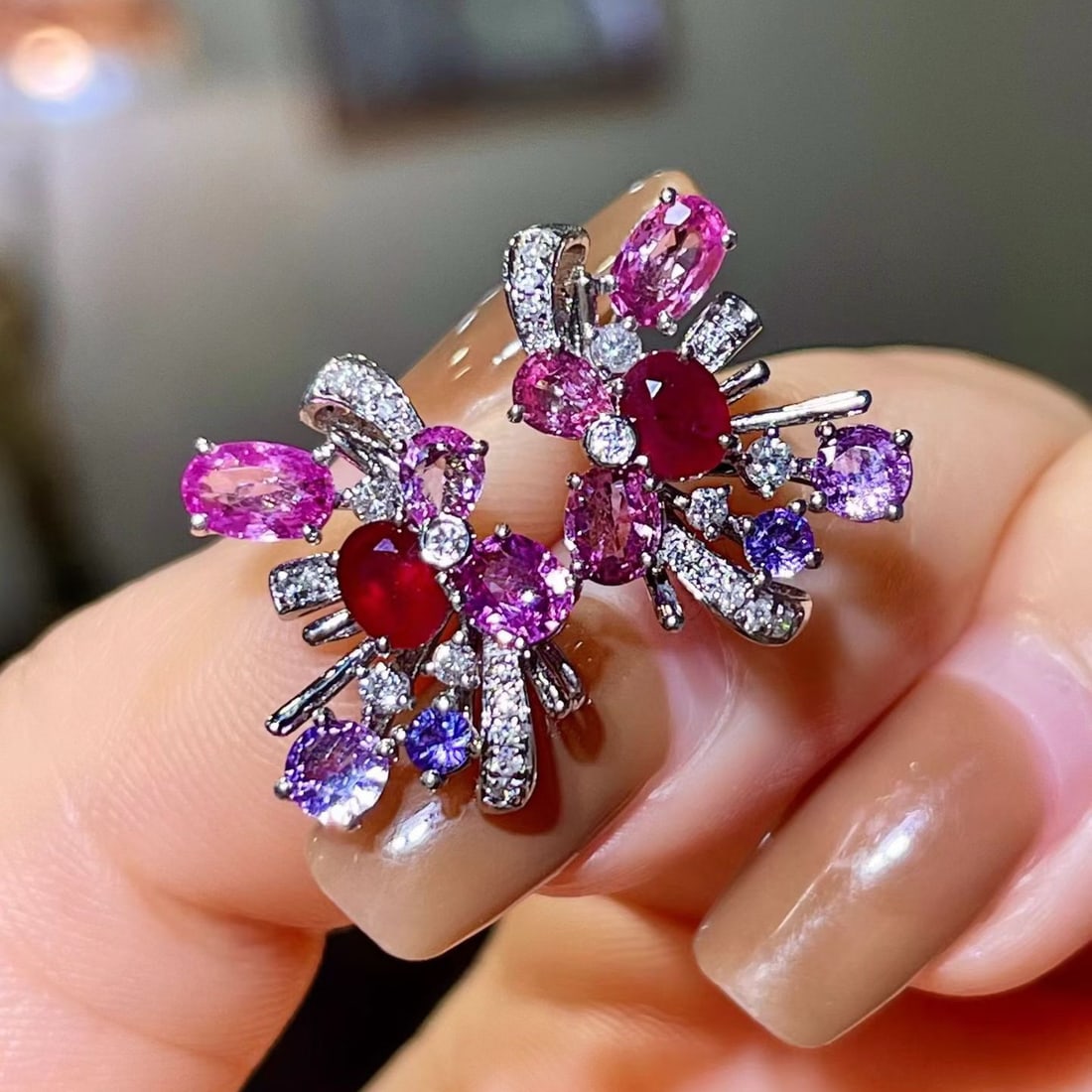 14k Gold 3.08 Ctw Natural Ruby & Sapphire & Diamond Earrings: Ref:231172179 // gold content:14k gold // main gemstone:ruby & sapphire // shape:multiple // carat weight:2. 82ct // color:color // treatment:natural // // adjacent gemstone 2 : diamond //