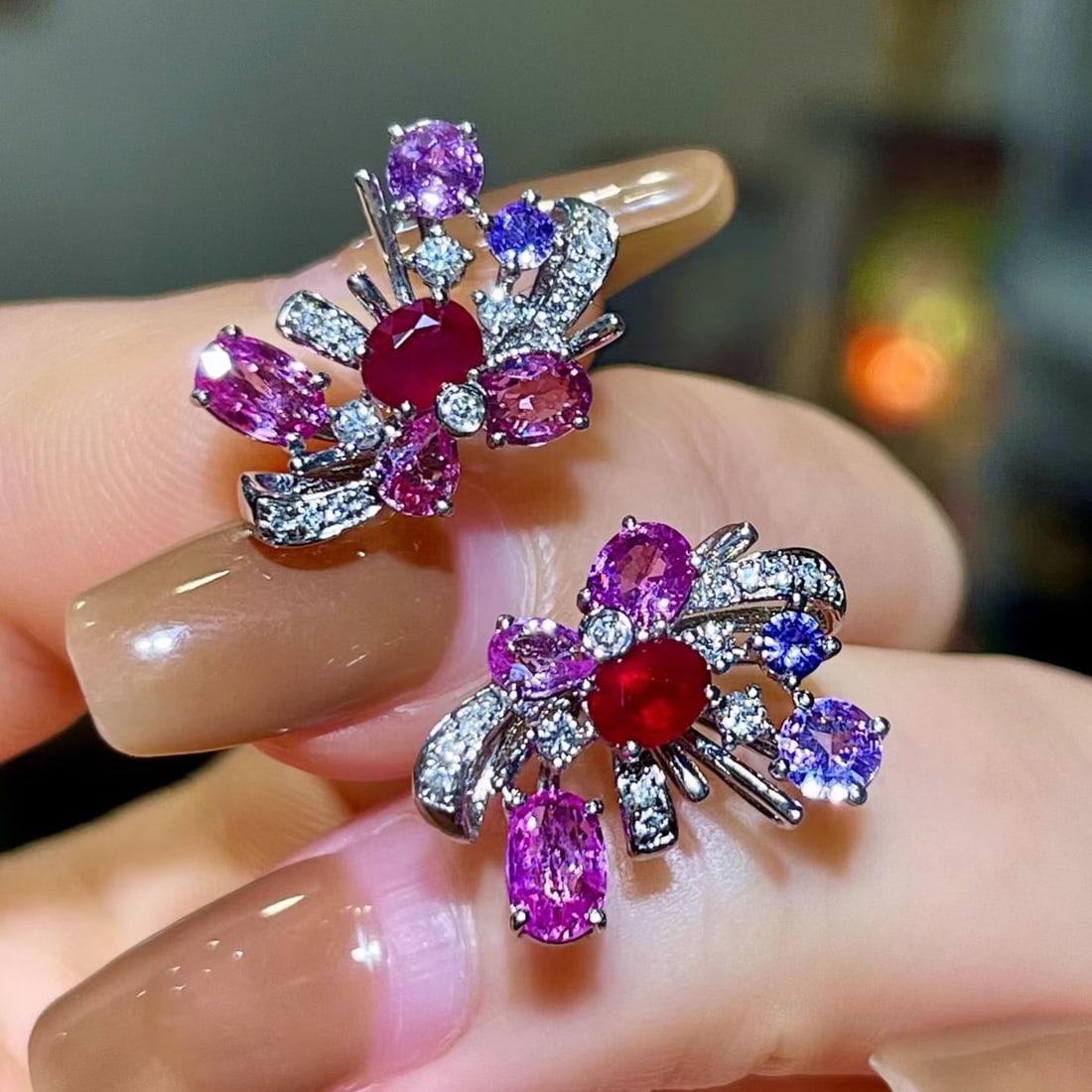 14k Gold 3.08 Ctw Natural Ruby & Sapphire & Diamond Earrings - 2