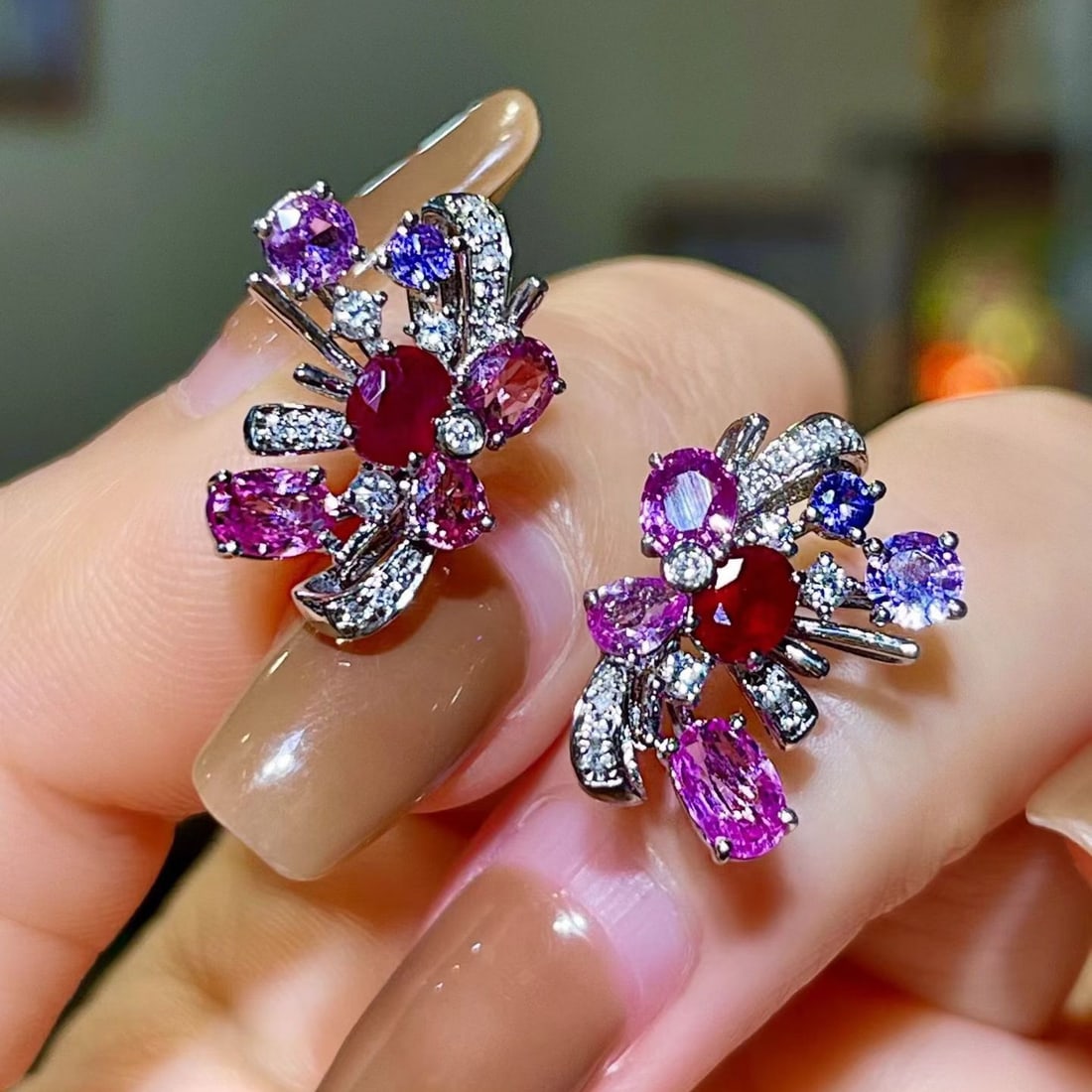 14k Gold 3.08 Ctw Natural Ruby & Sapphire & Diamond Earrings - 3