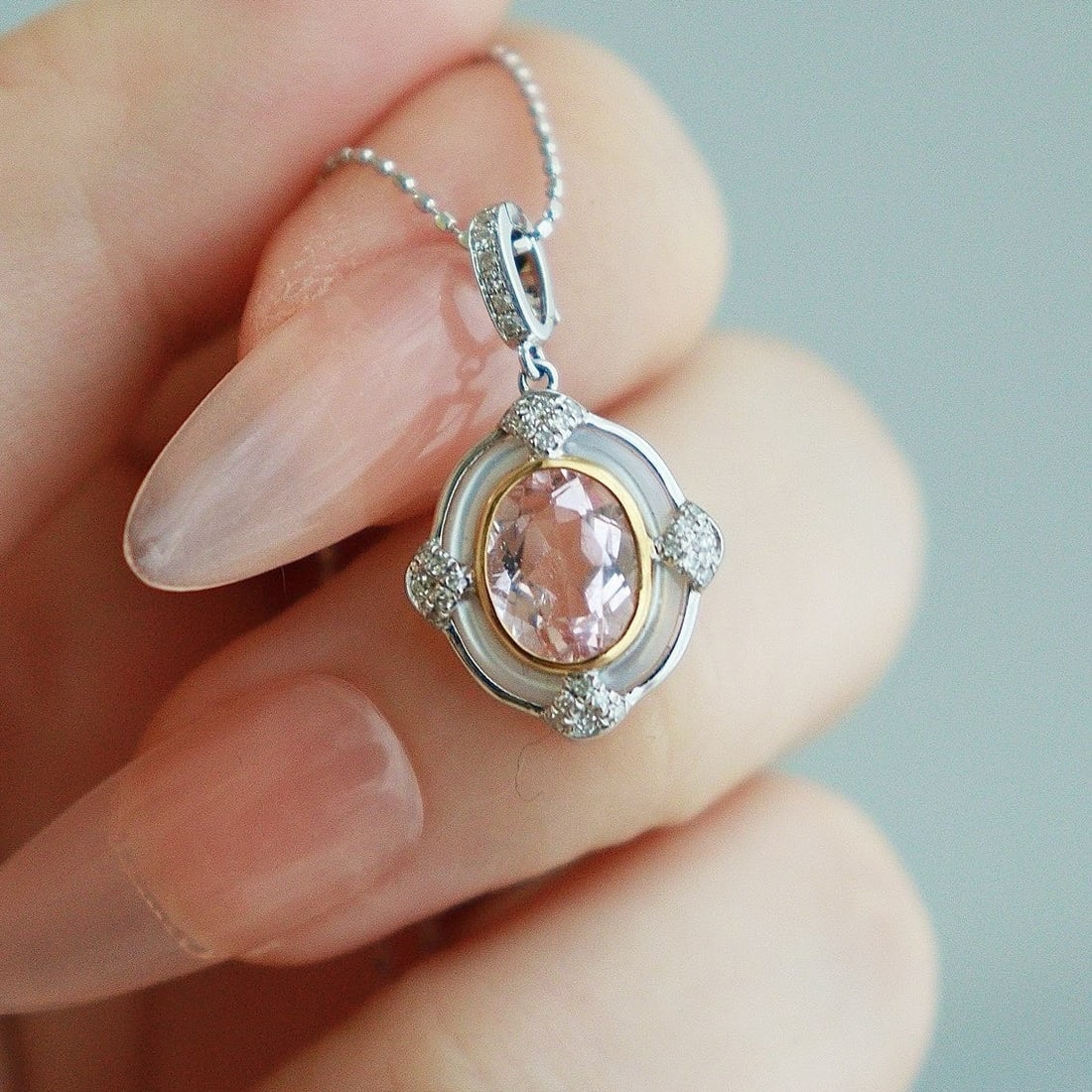 14k Gold 1 Ct Natural Morganite & Diamond Pendant( Without Chain ) - 2