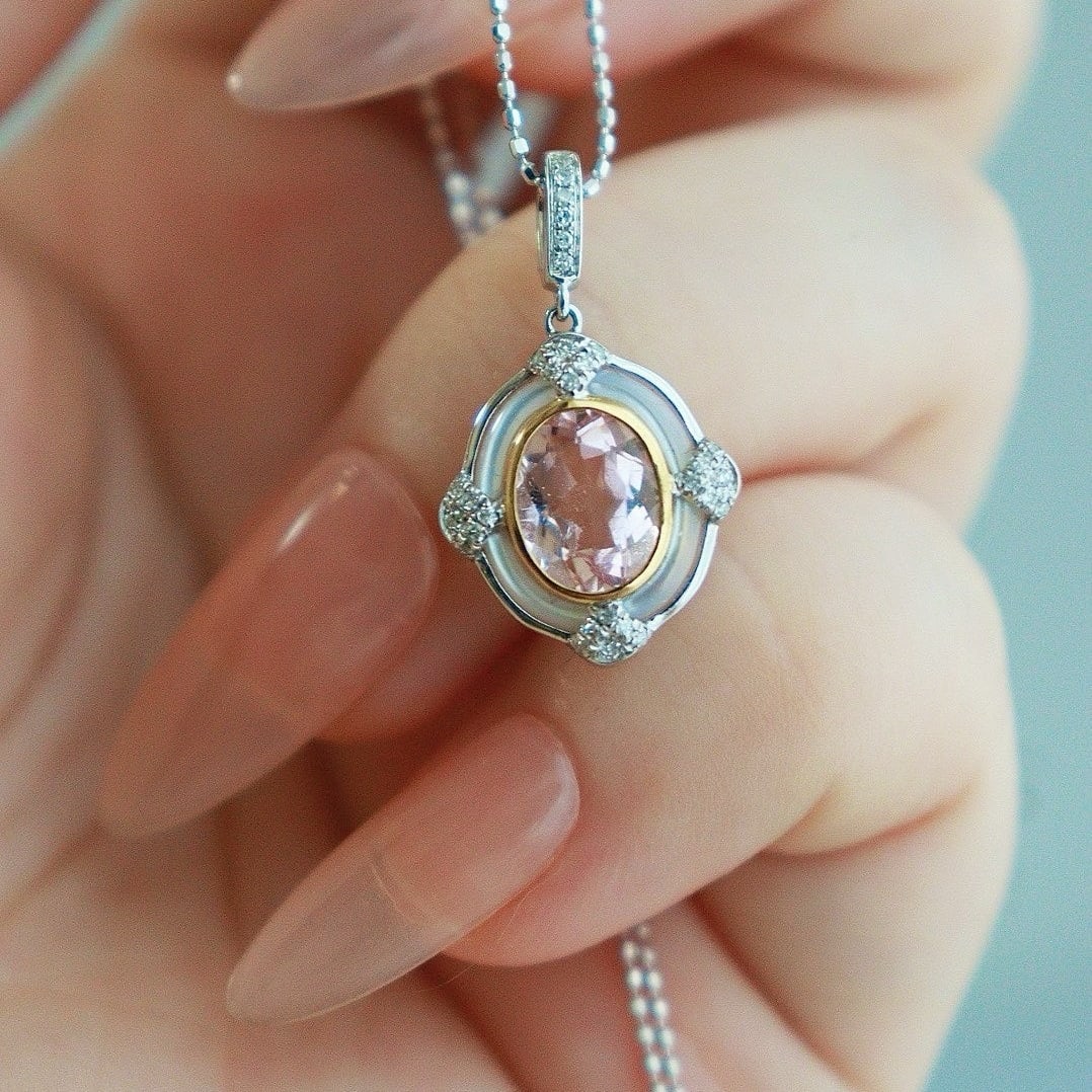 14k Gold 1 Ct Natural Morganite & Diamond Pendant( Without Chain ) - 4