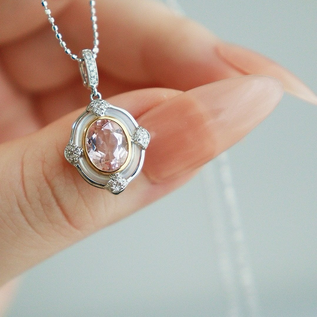 14k Gold 1 Ct Natural Morganite & Diamond Pendant( Without Chain ) - 5