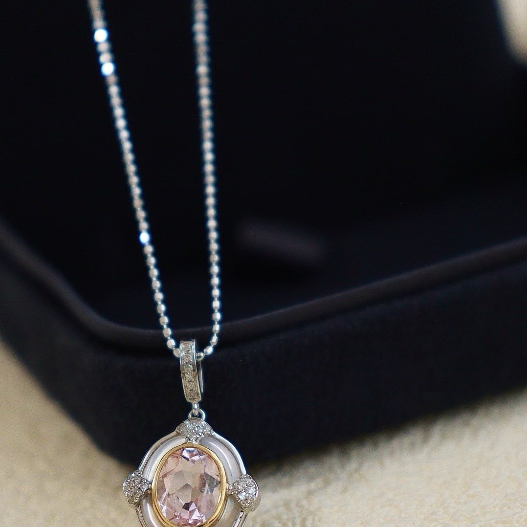 14k Gold 1 Ct Natural Morganite & Diamond Pendant( Without Chain ) - 7