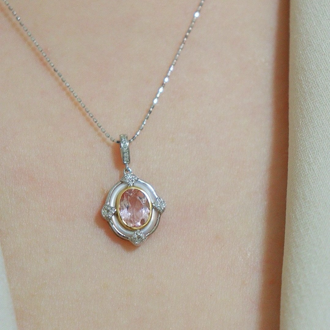 14k Gold 1 Ct Natural Morganite & Diamond Pendant( Without Chain ) - 9