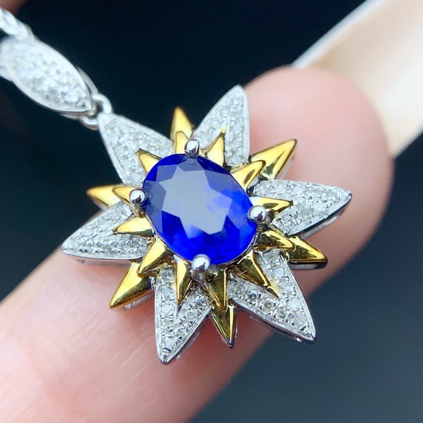 14k Gold 1.05 Ct Natural Sapphire & Diamond Pendant( Without Chain ): Ref:231172209 // gold content:14k gold // main gemstone:sapphire // shape:oval // carat weight:1. 05ct // color:royal blue // treatment:natural // // adjacent gemstone 2 : diamond // number of