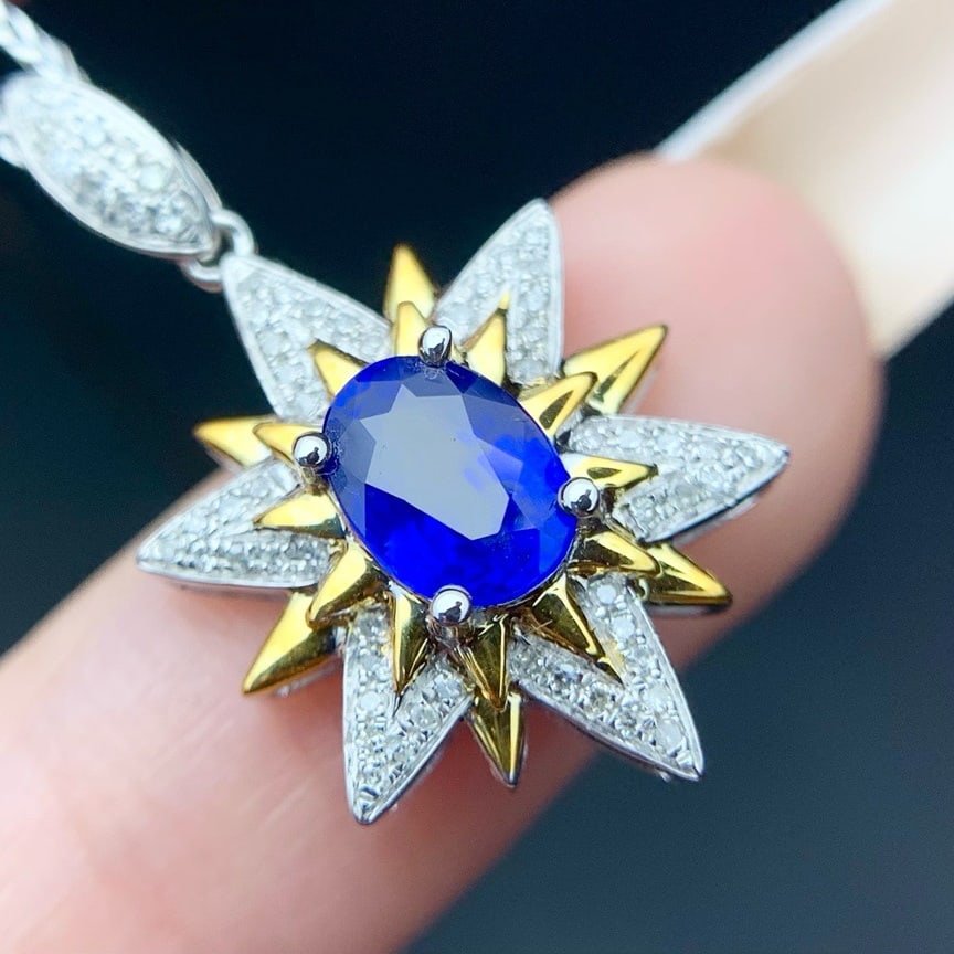 14k Gold 1.05 Ct Natural Sapphire & Diamond Pendant( Without Chain ) - 2