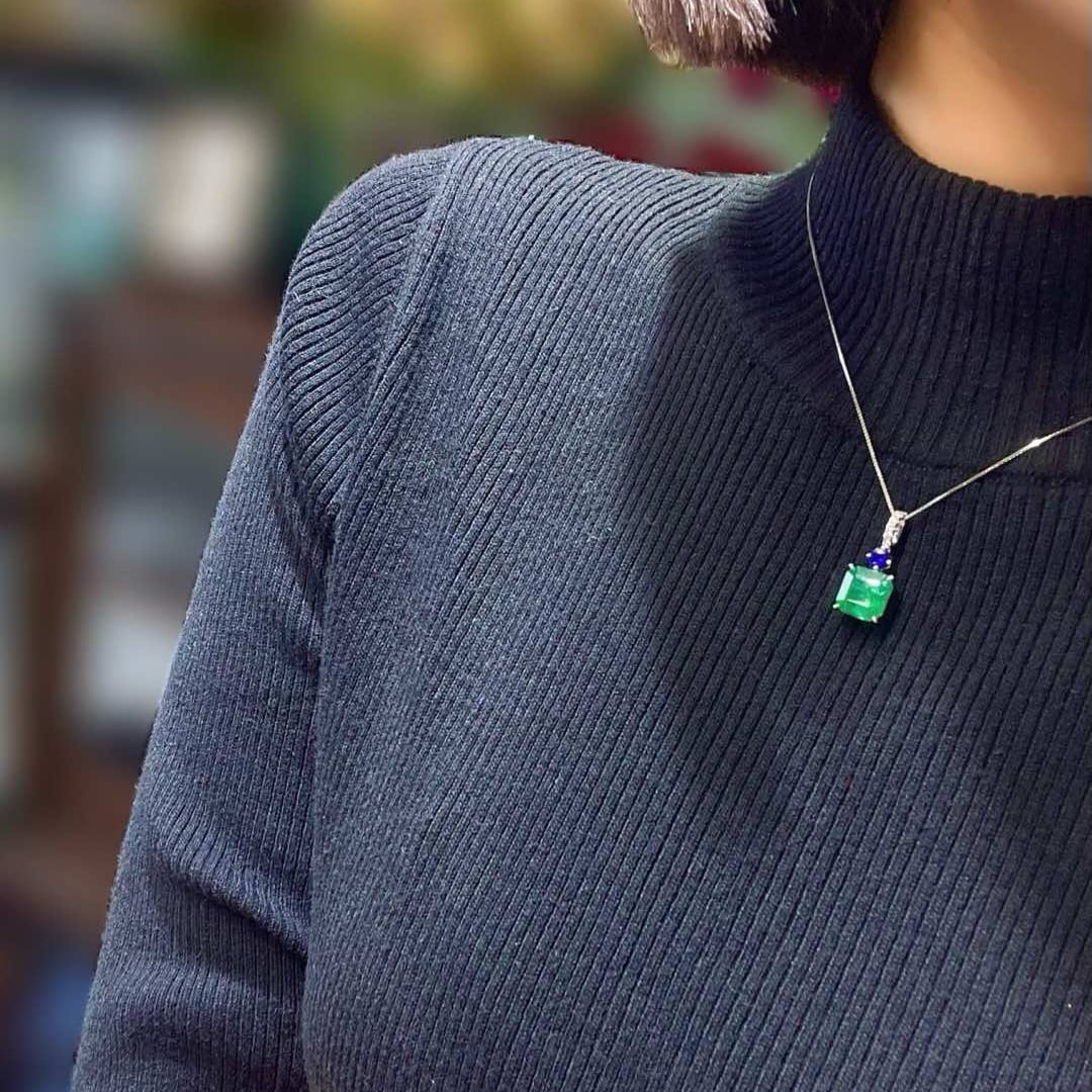 14k Gold 5.76 Ctw Intense Green Natural Emerald & Diamond Pendant( Without Chain ) - 6