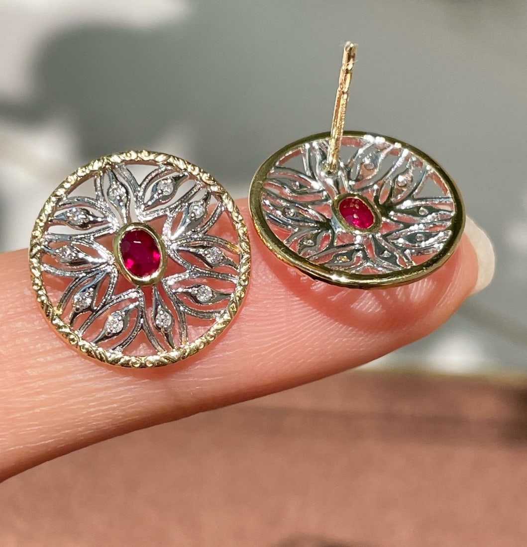 14k Gold 0.25 Ct Natural Ruby & Diamond Earrings - 2