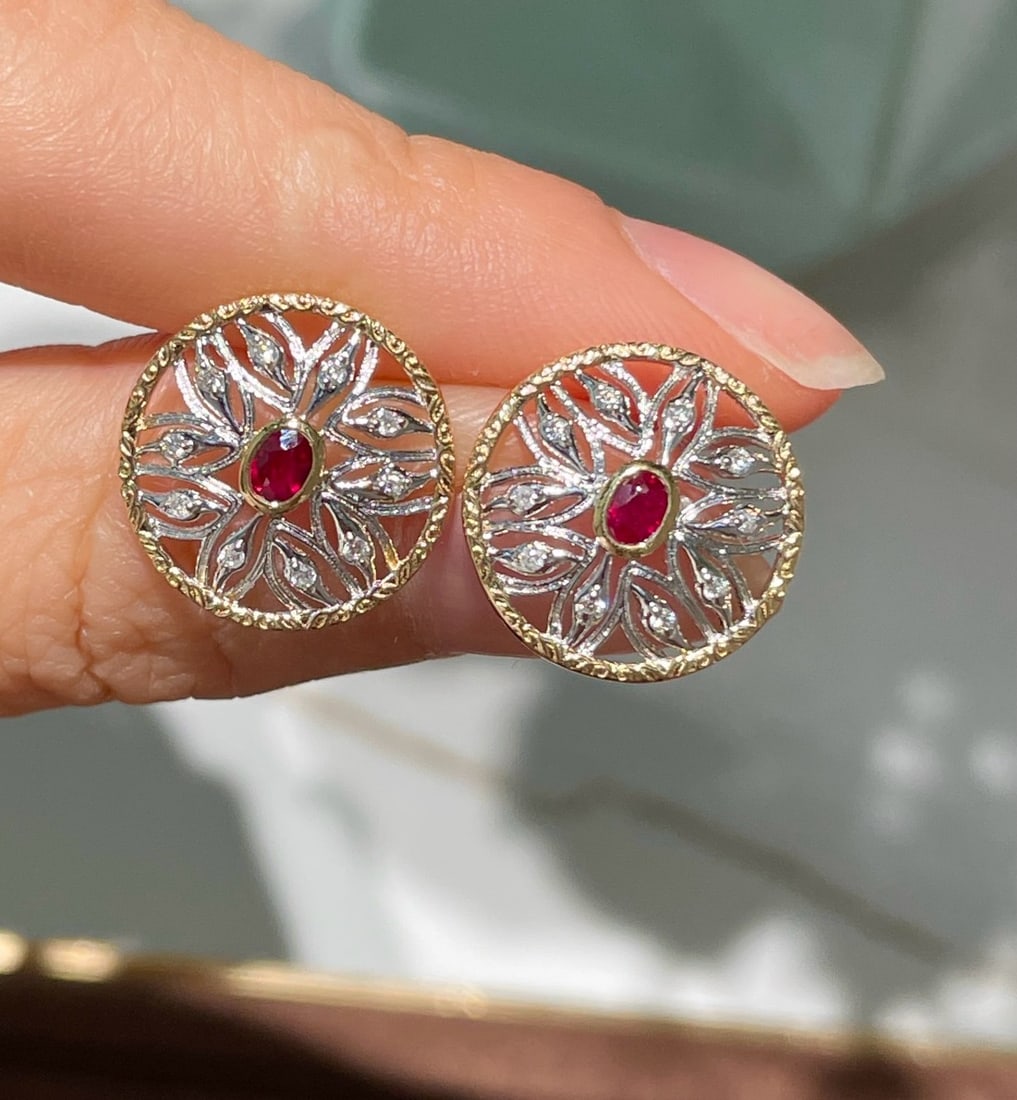14k Gold 0.25 Ct Natural Ruby & Diamond Earrings - 3