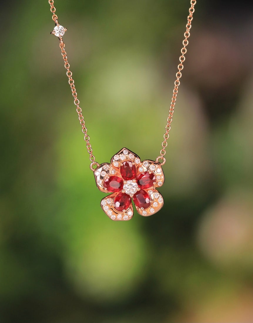 14k Gold 1.62 Ct Natural Ruby & Diamond & Flowers Necklace: Ref:231172245 // gold content:14k gold // main gemstone:ruby // shape:oval // carat weight:1. 62ct // color:red // treatment:natural // // adjacent gemstone 2 : diamond // shape:round // clarity