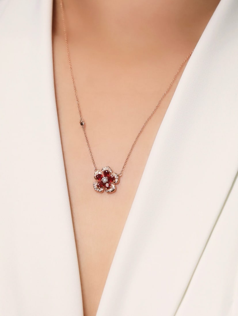 14k Gold 1.62 Ct Natural Ruby & Diamond & Flowers Necklace - 2