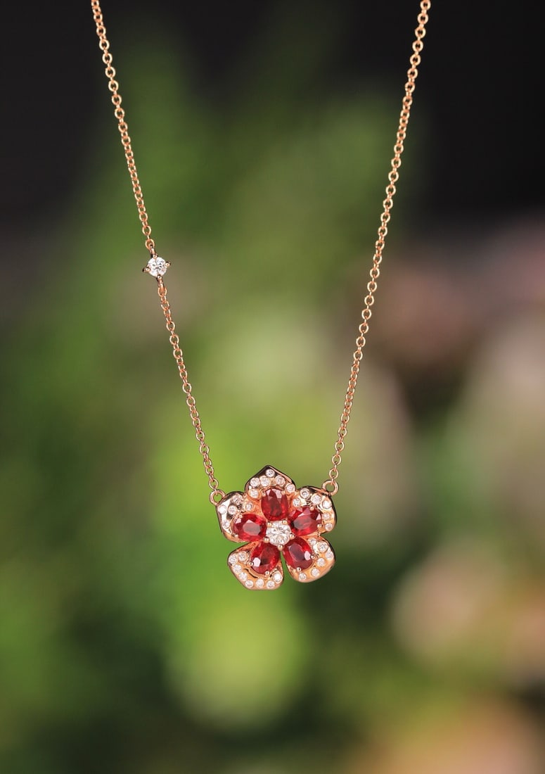 14k Gold 1.62 Ct Natural Ruby & Diamond & Flowers Necklace - 4