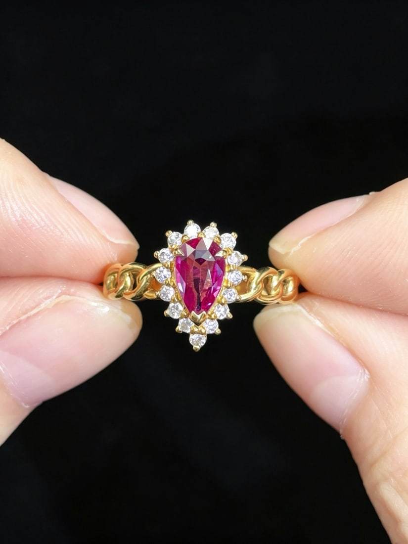 14k Gold 0.90 Ctw Natural Sapphire & Diamond Ring: Ref:231172247 // gold content:14k gold // ring size:7. 25us // // main gemstone:sapphire // shape:pear // carat weight:0. 65ct // color:pink // treatment:natural // // adjacent gemstone 2 : diamond //