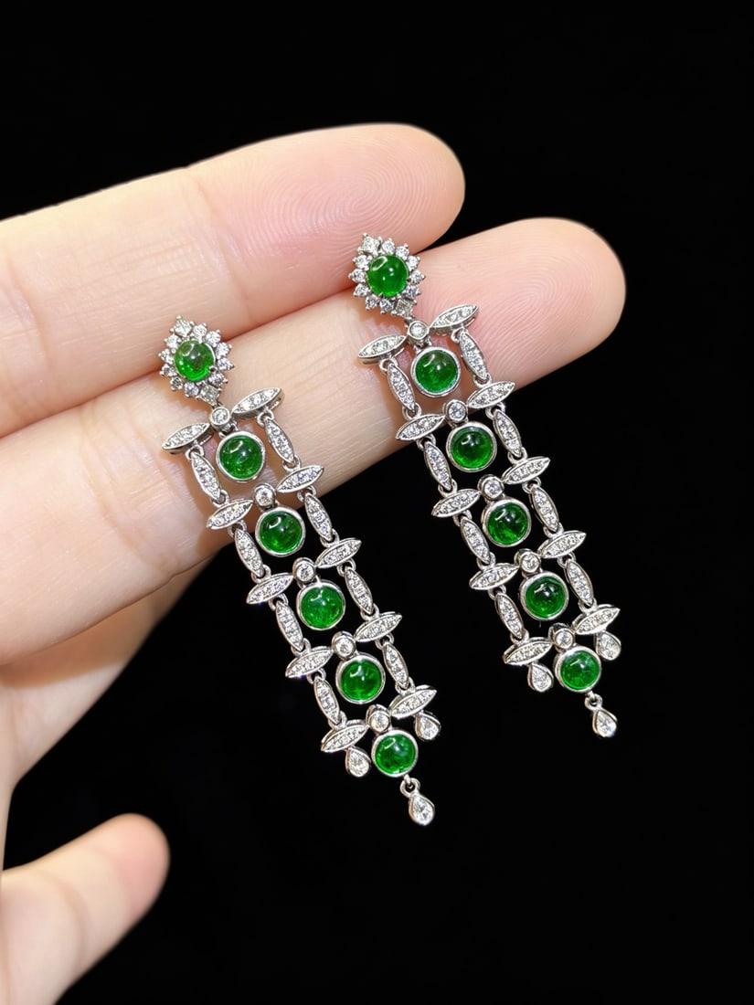14k Gold 2.63 Ctw Vivid Green Natural Emerald & Diamond Earrings - 2