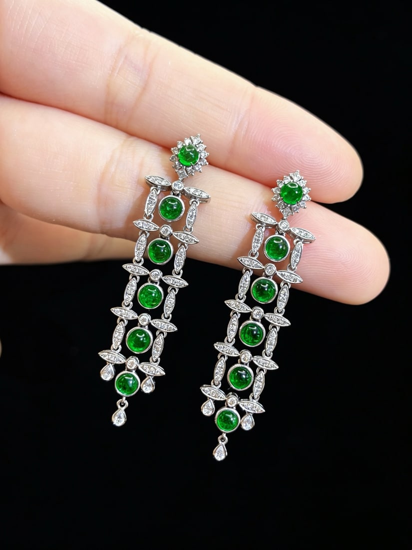 14k Gold 2.63 Ctw Vivid Green Natural Emerald & Diamond Earrings - 3