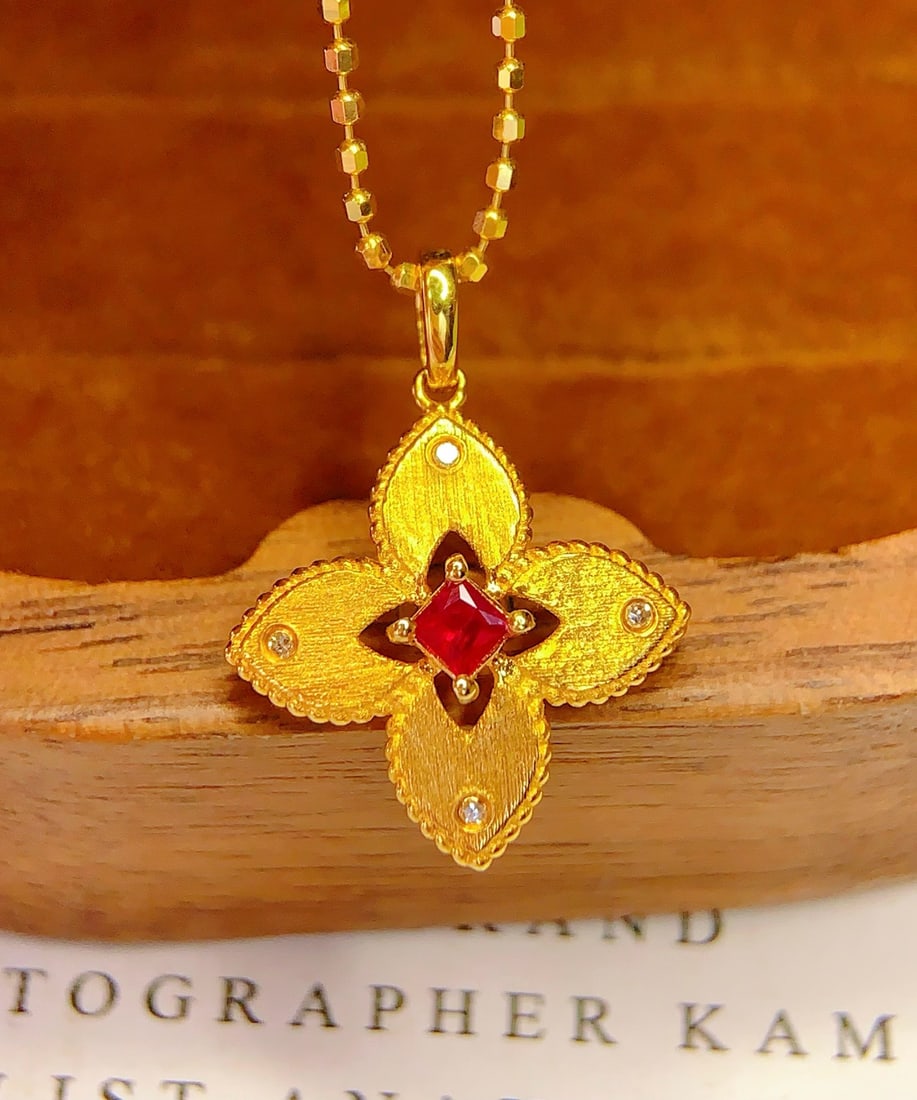 14k Gold 0.2 Ct Natural Ruby & Diamond Pendant( Without Chain ): Ref:231172258 // gold content:14k gold // main gemstone:ruby // shape:princess // carat weight:0. 2ct // color:red // treatment:natural // // adjacent gemstone 2 : diamond // number of stones:4 //