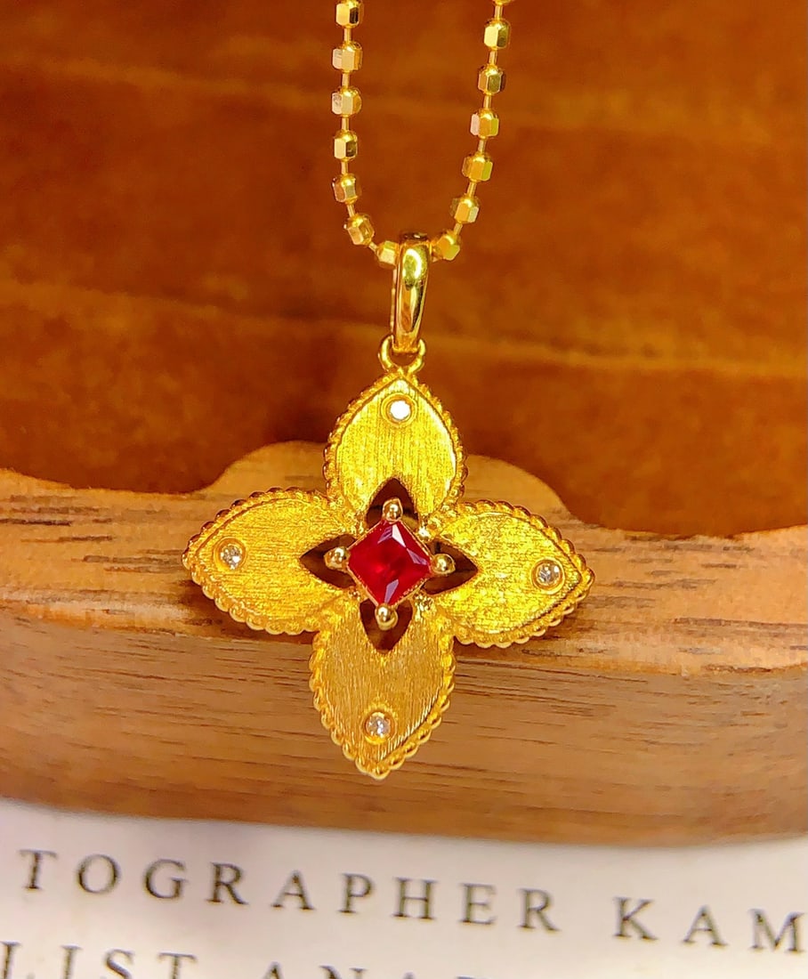14k Gold 0.2 Ct Natural Ruby & Diamond Pendant( Without Chain ) - 3