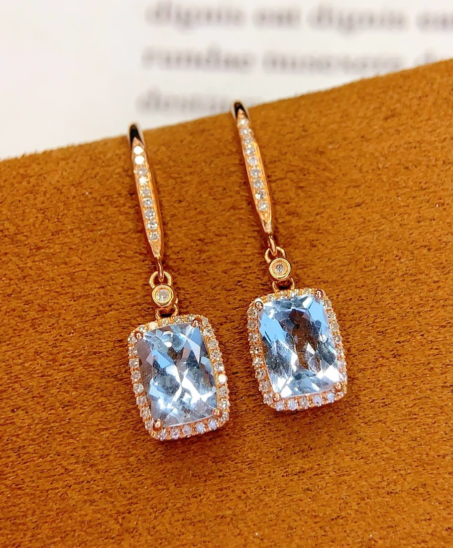14k Gold 2 Ct Natural Aquamarine & Diamond Earrings - 3