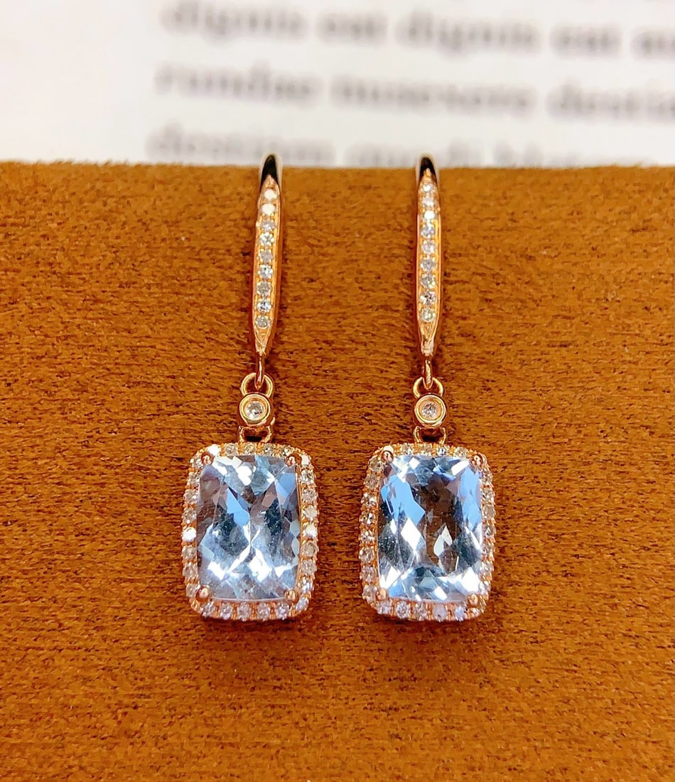 14k Gold 2 Ct Natural Aquamarine & Diamond Earrings - 4