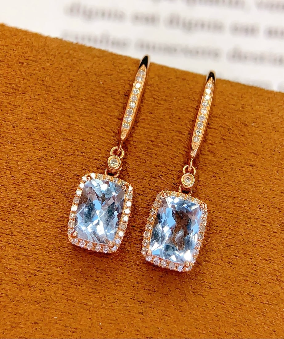 14k Gold 2 Ct Natural Aquamarine & Diamond Earrings - 5