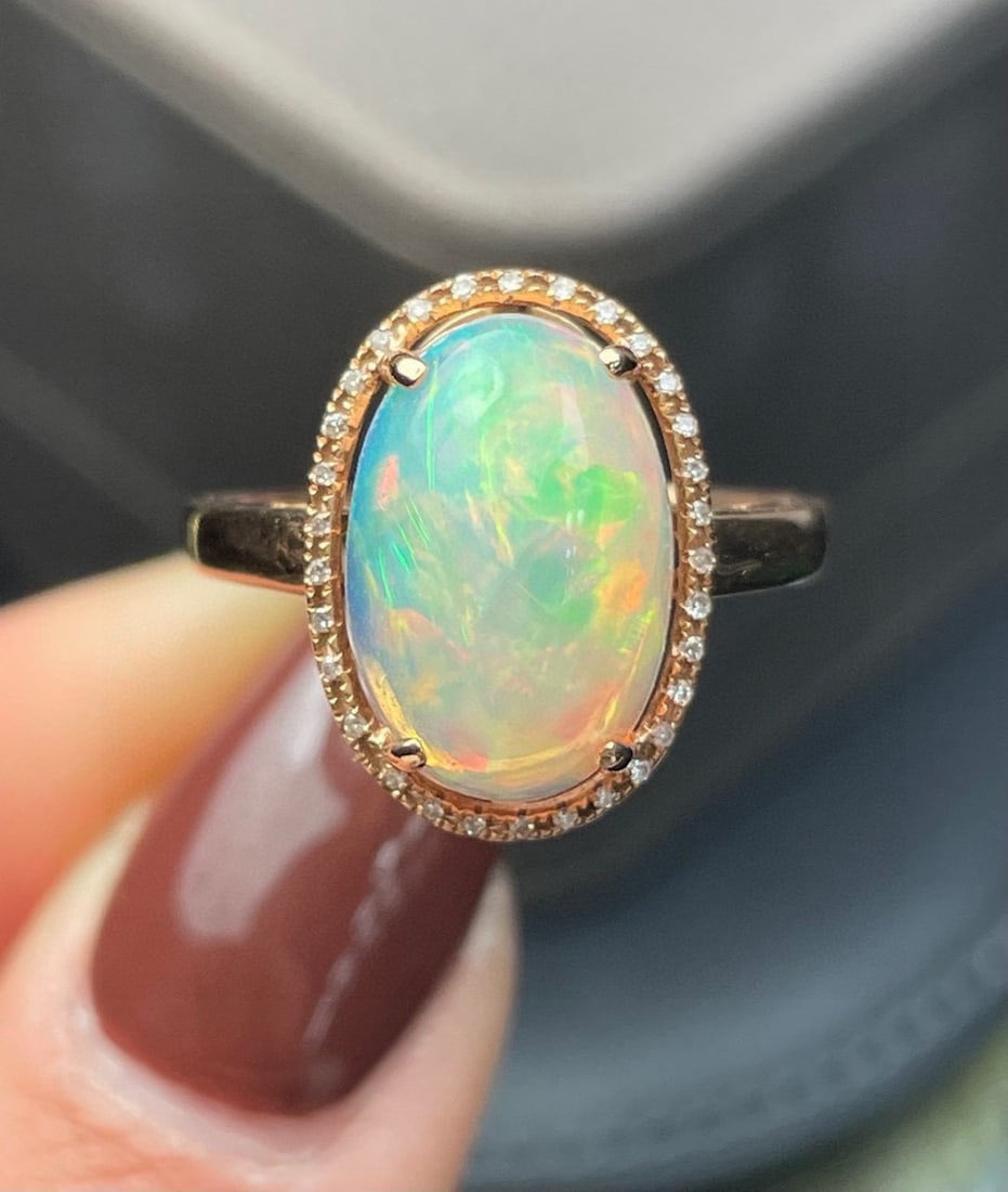 14k Gold 4.07 Ct Natural Opal & Diamond Ring - 2