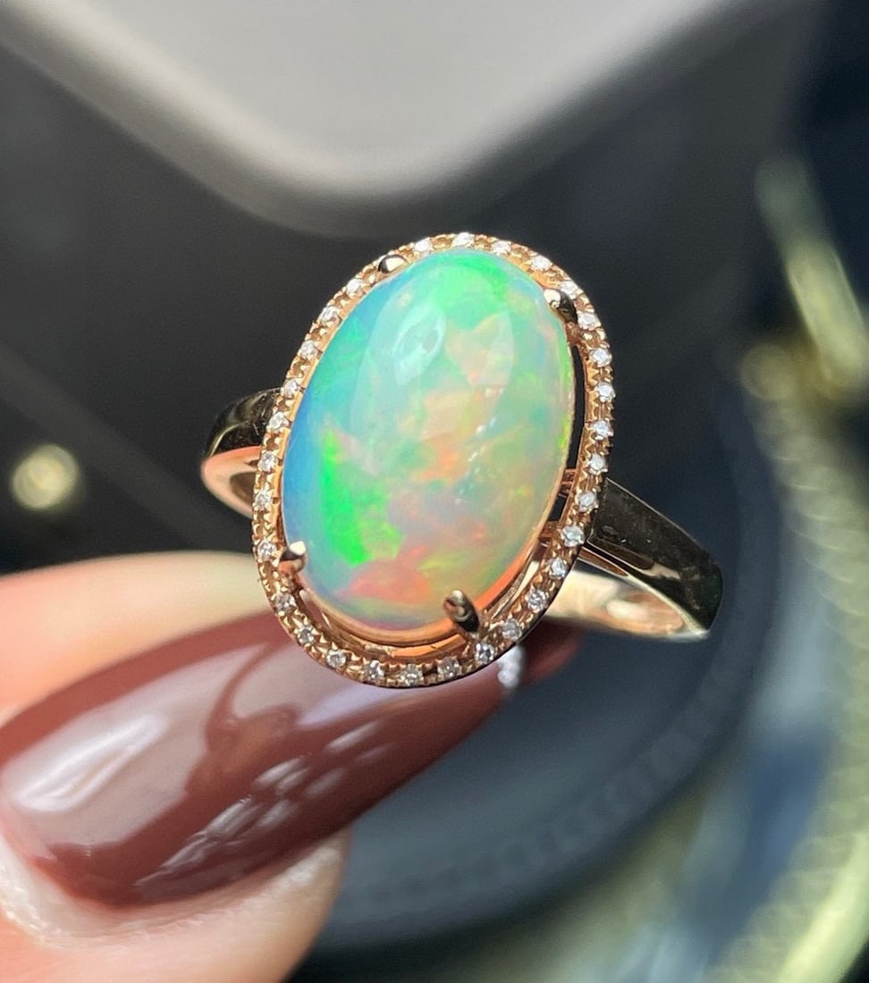 14k Gold 4.07 Ct Natural Opal & Diamond Ring - 5