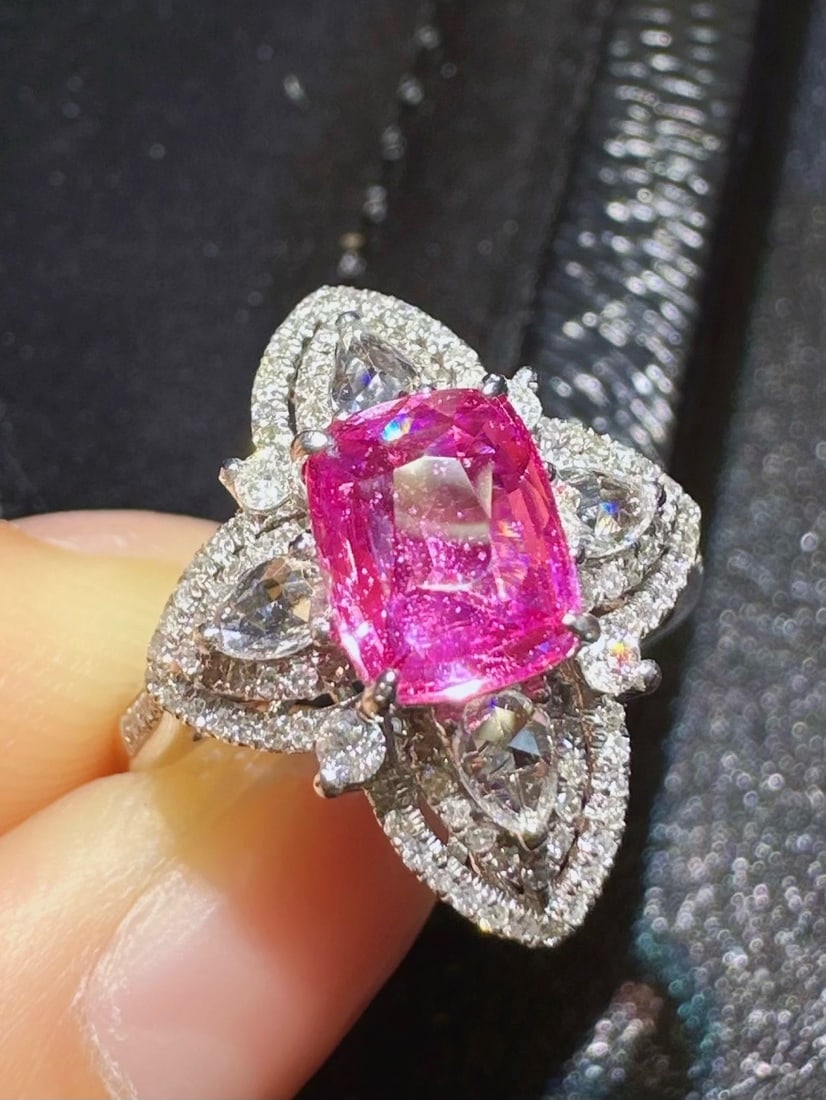 14k Gold 2.17 Ctw Natural Sapphire & Diamond Ring: Ref:231172275 // gold content:14k gold // ring size:7. 25us // // main gemstone:sapphire // shape:cushion // carat weight:1. 56ct // color:pink // treatment:natural // // adjacent gemstone 2 :