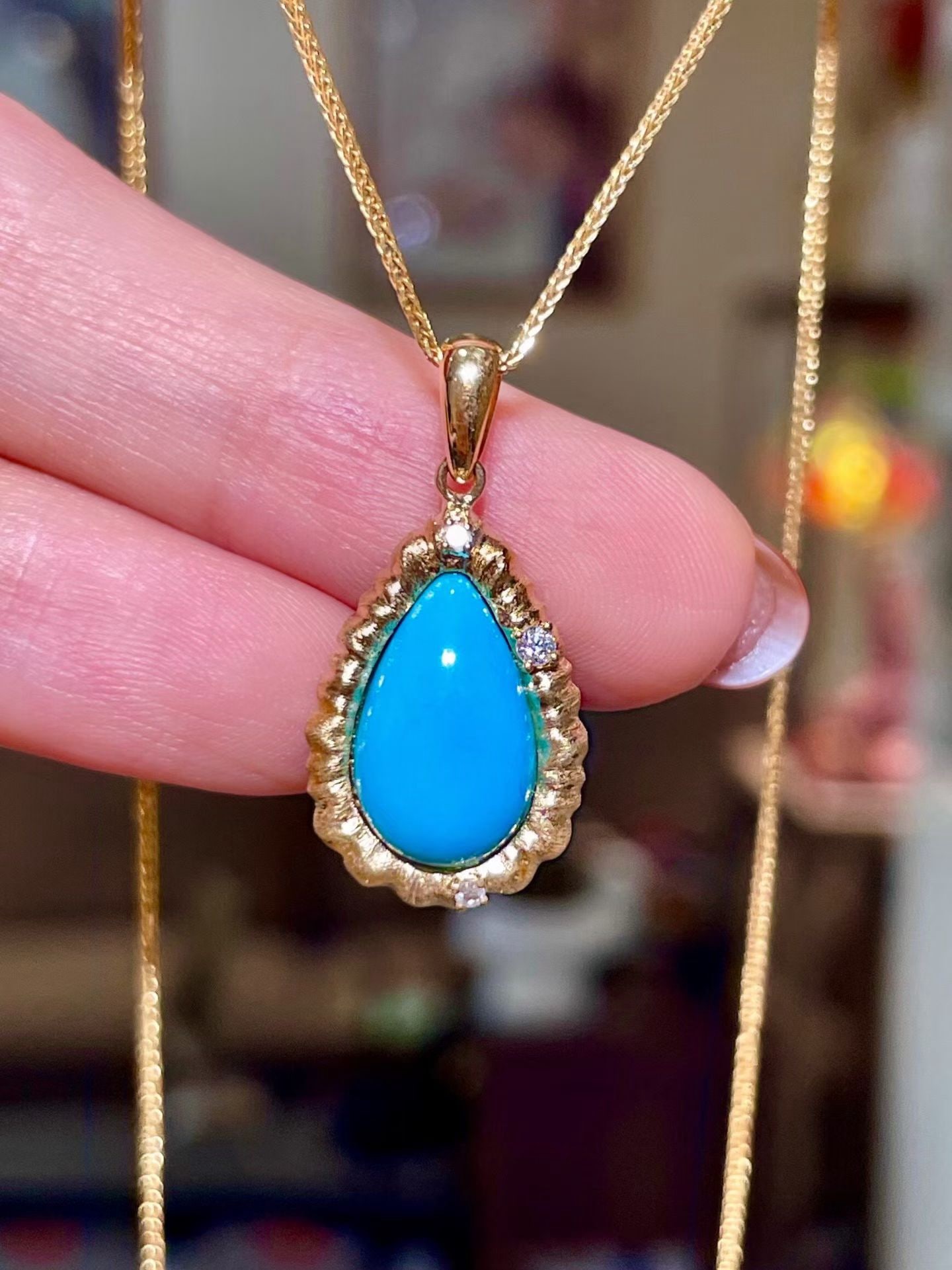 14k Gold 3.13 Ctw Natural Blue Turquoise & Diamond Pendant( Without Chain ): Ref:231172279 // gold content:14k gold // main gemstone:blue turquoise // shape:pear // carat weight:3. 09ct // color:blue // treatment:natural // // adjacent gemstone 2 : diamond // shape:round //