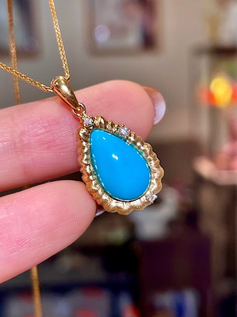 14k Gold 3.13 Ctw Natural Blue Turquoise & Diamond Pendant( Without Chain ) - 2