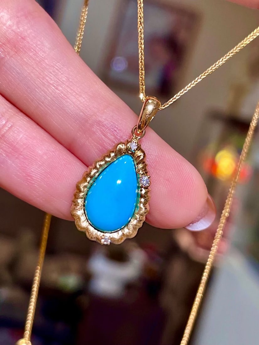 14k Gold 3.13 Ctw Natural Blue Turquoise & Diamond Pendant( Without Chain ) - 3