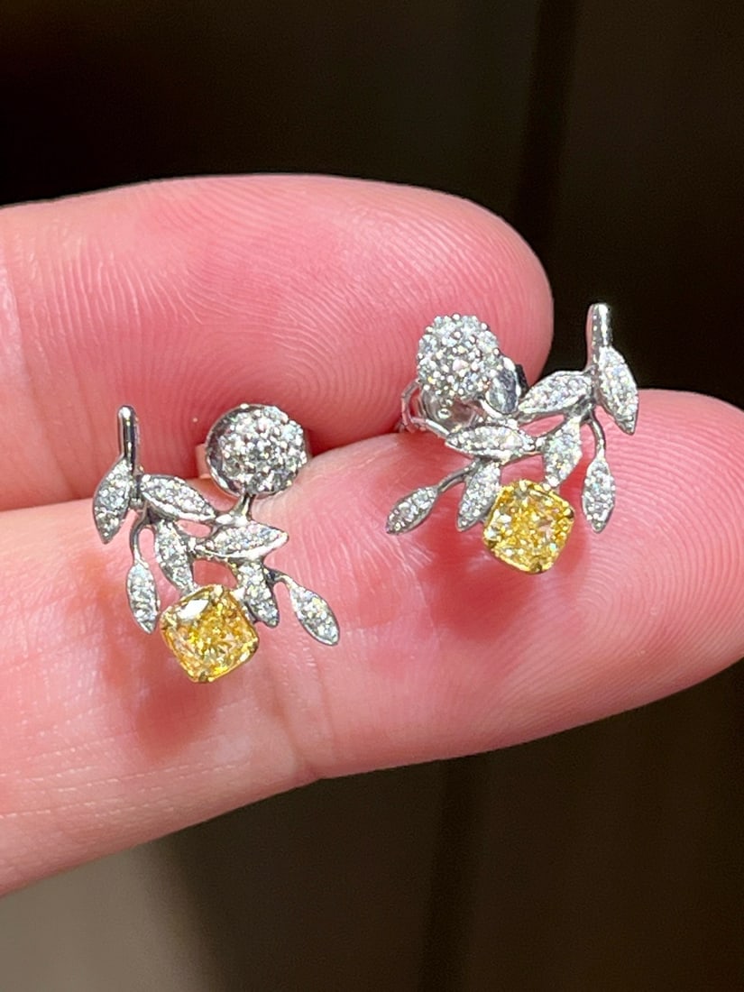14k Gold 0.62 Ctw Natural Yellow Diamond & Diamond Earrings - 2