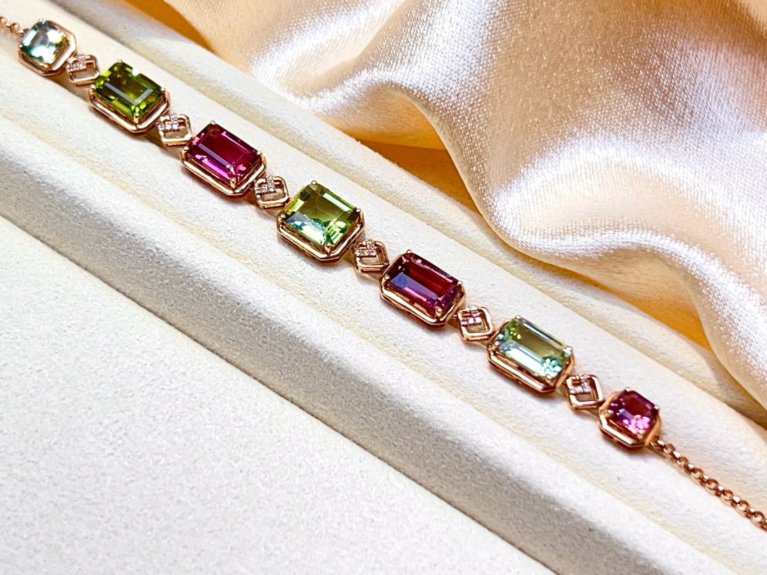 14k Gold 6.1 Ct Natural Tourmaline & Diamond Bracelet - 2
