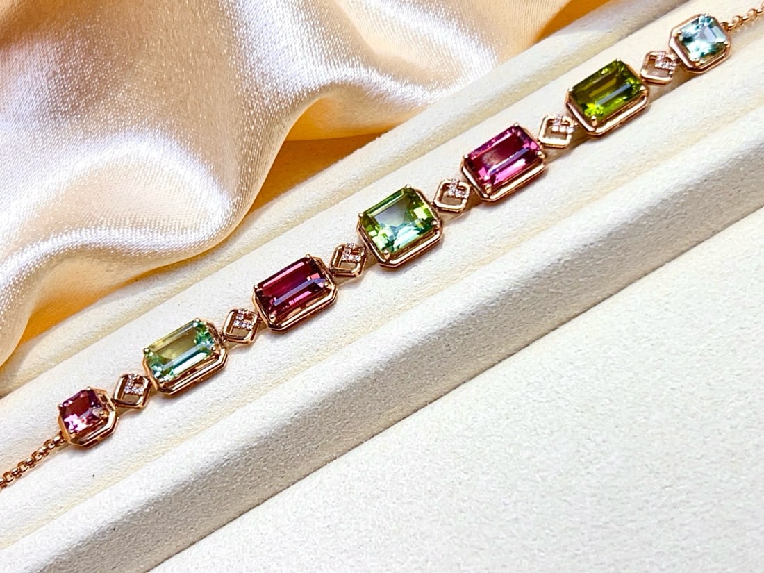 14k Gold 6.1 Ct Natural Tourmaline & Diamond Bracelet - 4