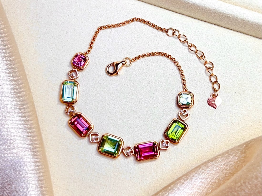 14k Gold 6.1 Ct Natural Tourmaline & Diamond Bracelet - 5