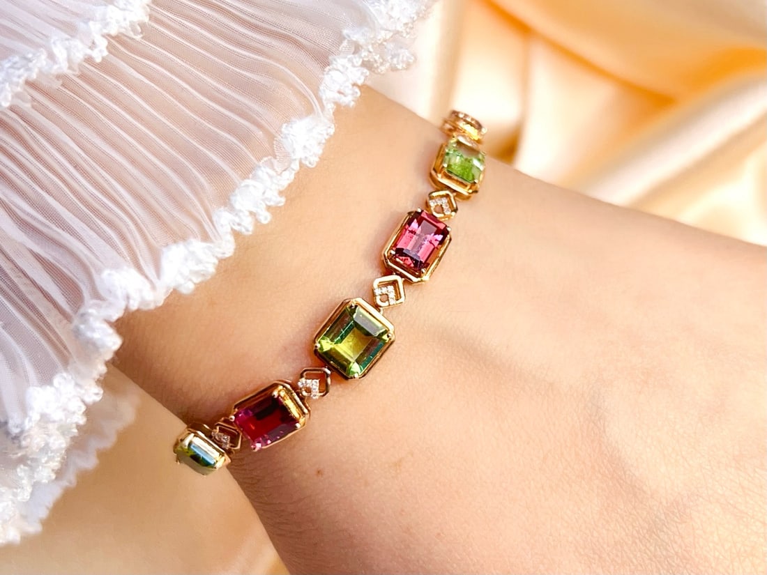 14k Gold 6.1 Ct Natural Tourmaline & Diamond Bracelet - 6
