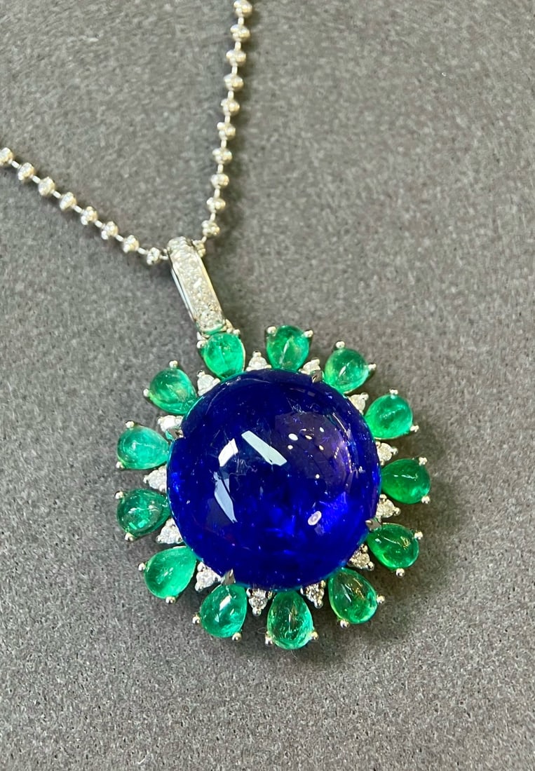 14k Gold 20.00 Ctw Natural Tanzanite & Emerald Pendant( Without Chain ) - 2