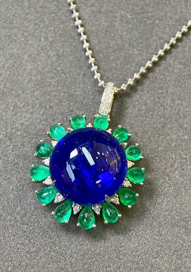 14k Gold 20.00 Ctw Natural Tanzanite & Emerald Pendant( Without Chain ) - 3