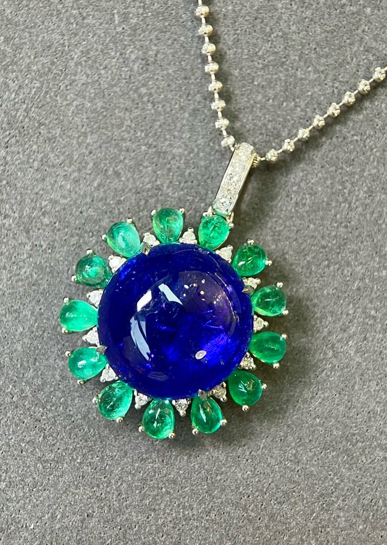 14k Gold 20.00 Ctw Natural Tanzanite & Emerald Pendant( Without Chain ) - 4
