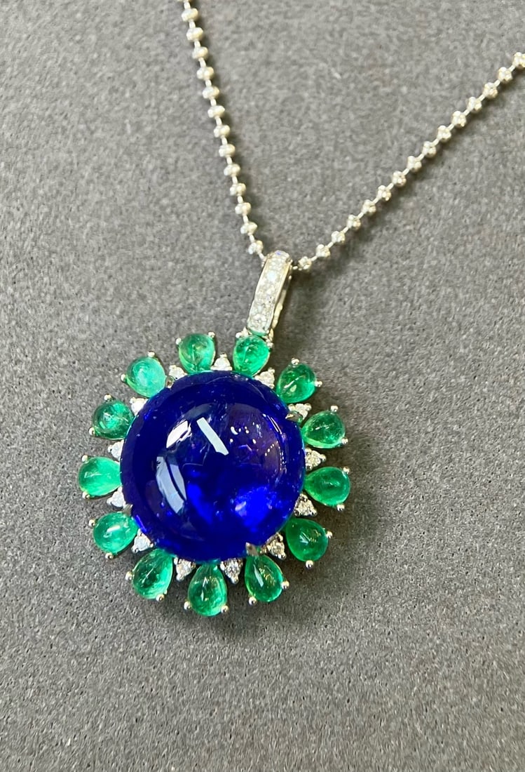 14k Gold 20.00 Ctw Natural Tanzanite & Emerald Pendant( Without Chain ) - 5