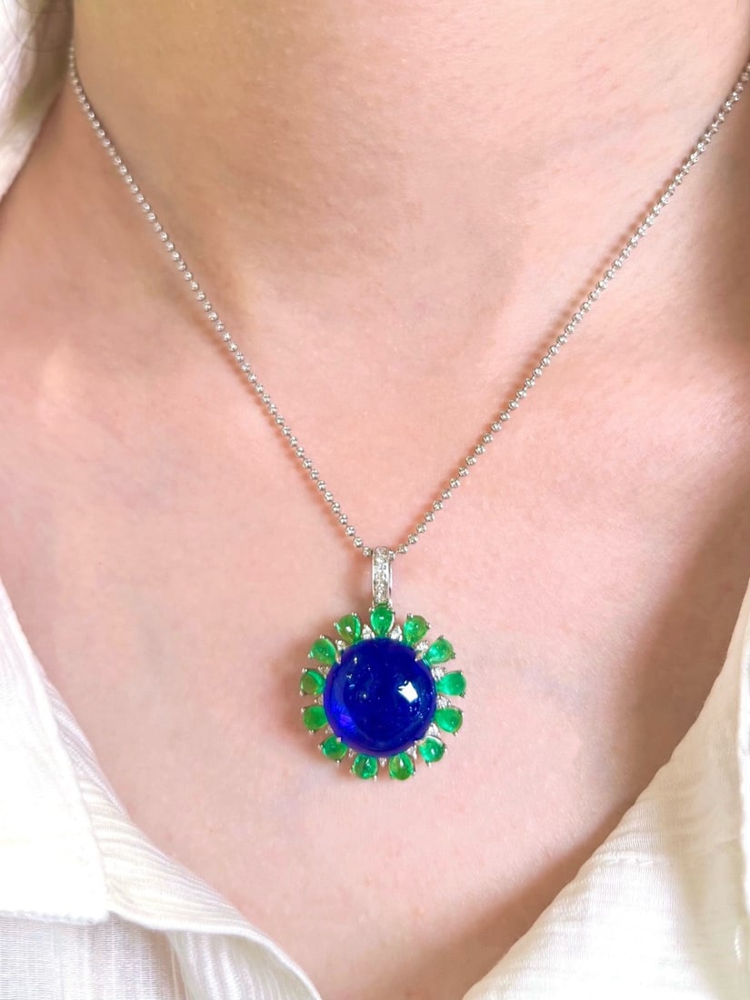 14k Gold 20.00 Ctw Natural Tanzanite & Emerald Pendant( Without Chain ) - 6