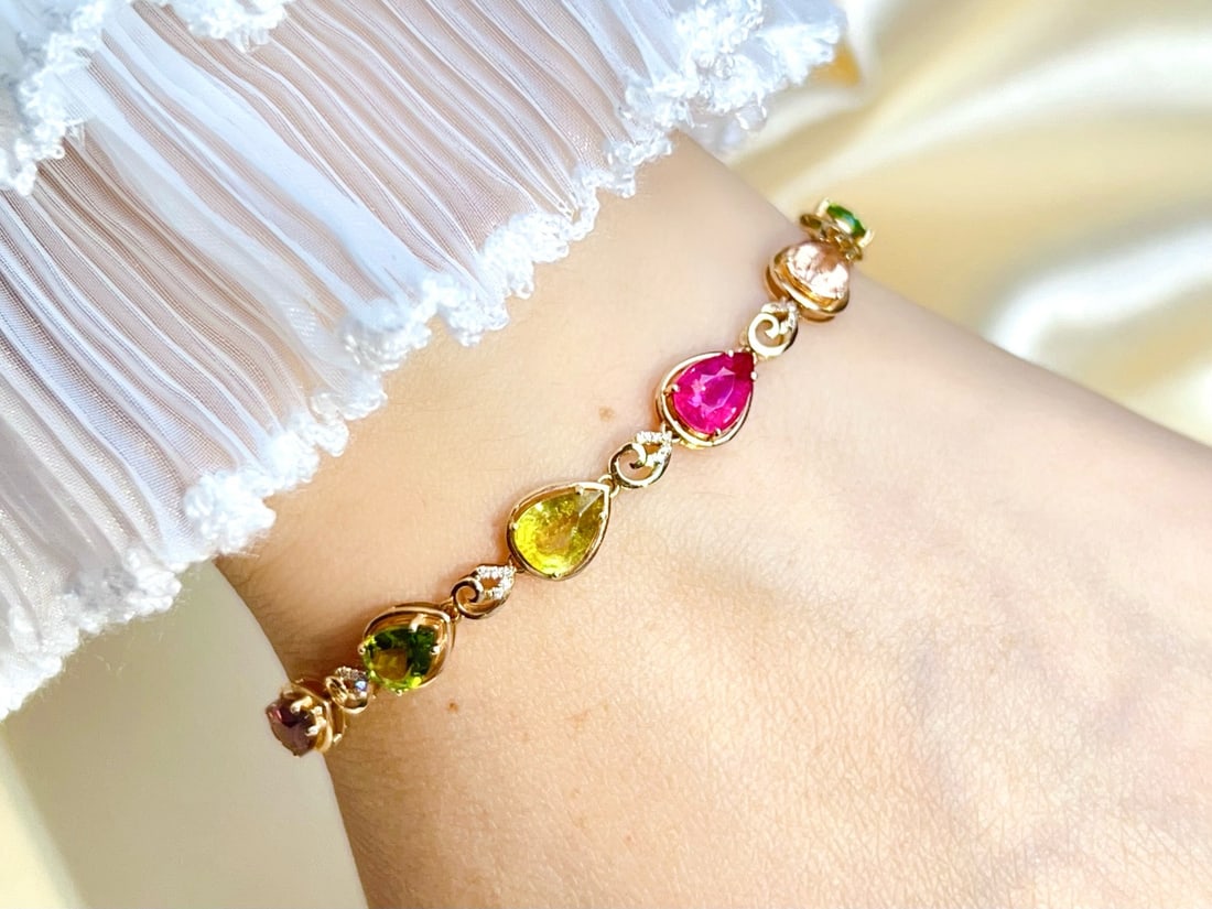 14k Gold 5.8 Ct Natural Tourmaline & Diamond Bracelet - 6