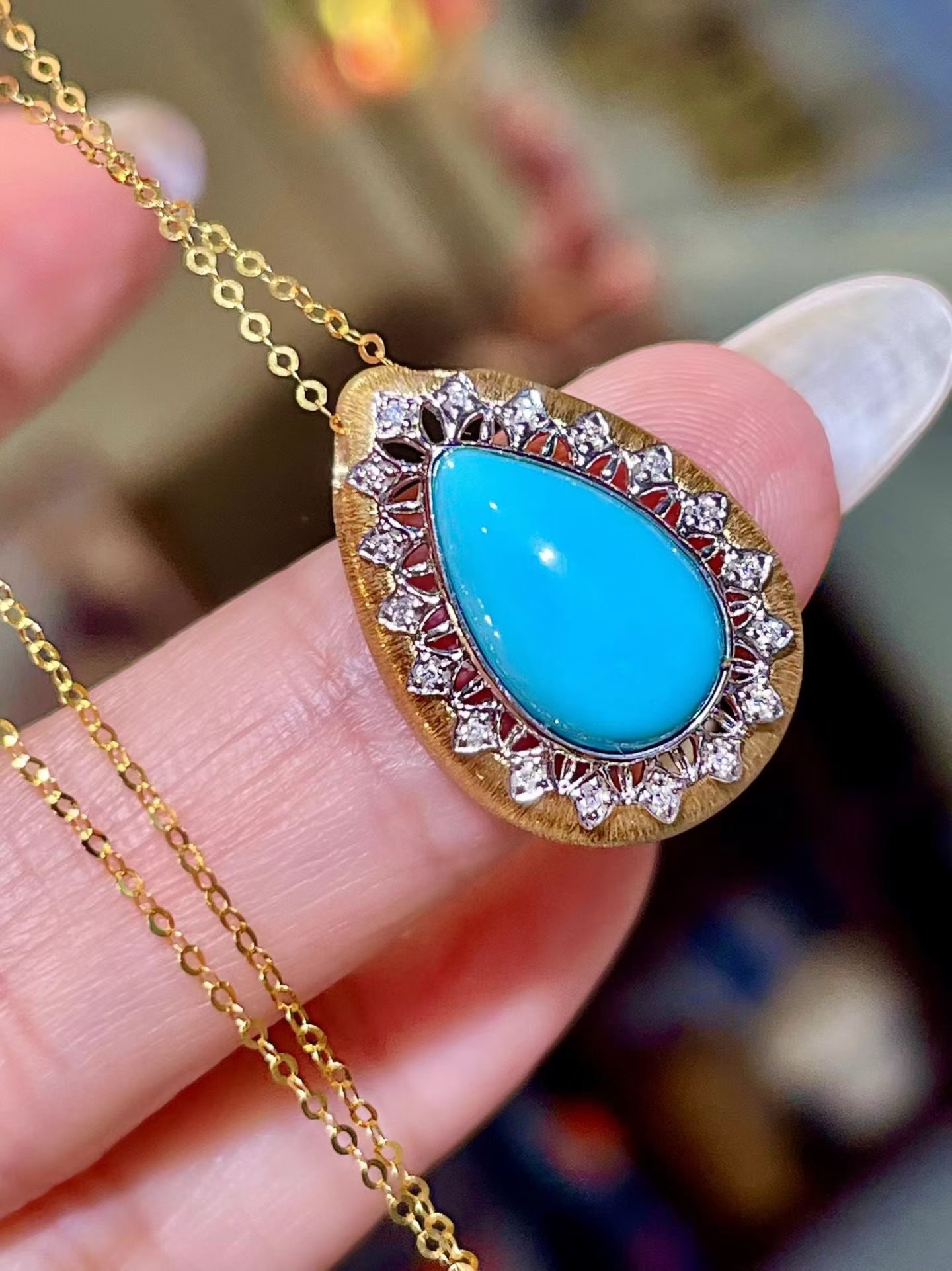 14k Gold 2.98 Ctw Natural Blue Turquoise & Diamond Pendant( Without Chain ) - 2