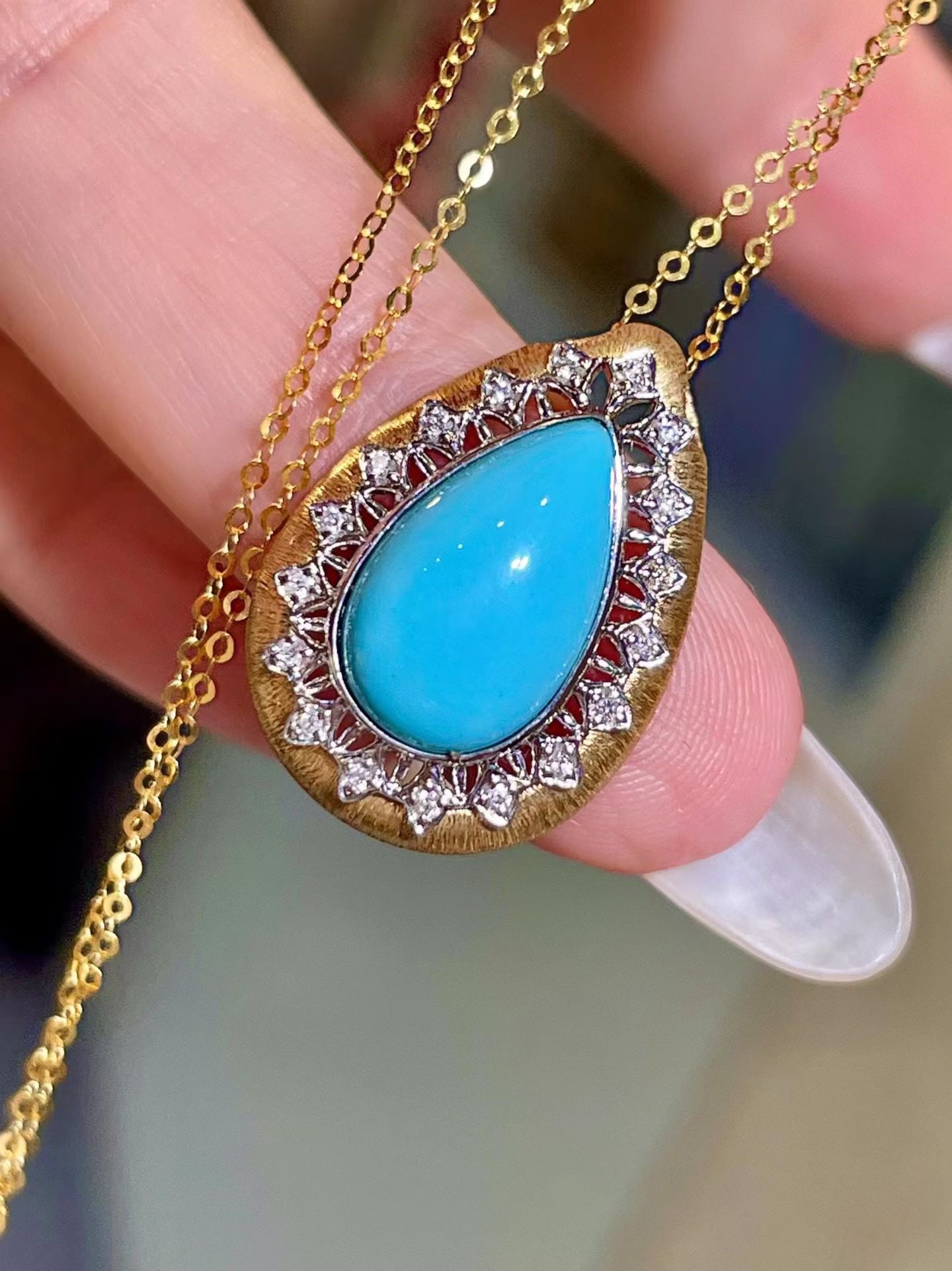 14k Gold 2.98 Ctw Natural Blue Turquoise & Diamond Pendant( Without Chain ) - 3