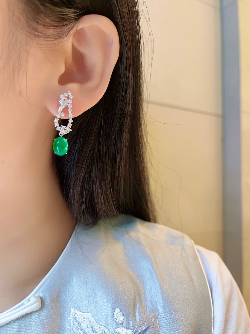 14k Gold 7.03 Ctw Vivid Green Natural Emerald & Diamond Earrings - 6