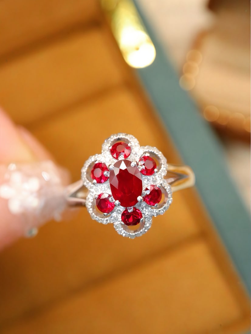 14k Gold 1.01 Ctw Vivid Red Natural Ruby & Ruby Ring: Ref:231172302 // gold content:14k gold // ring size:7. 25us // // main gemstone:ruby // shape:oval // carat weight:0. 55ct // color:vivid red // treatment:natural // // adjacent gemstone 2 : ruby // s