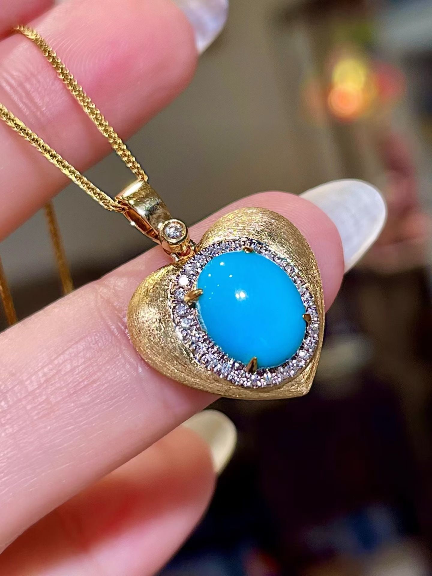 14k Gold 2.70 Ctw Natural Blue Turquoise & Diamond Pendant( Without Chain ) - 2
