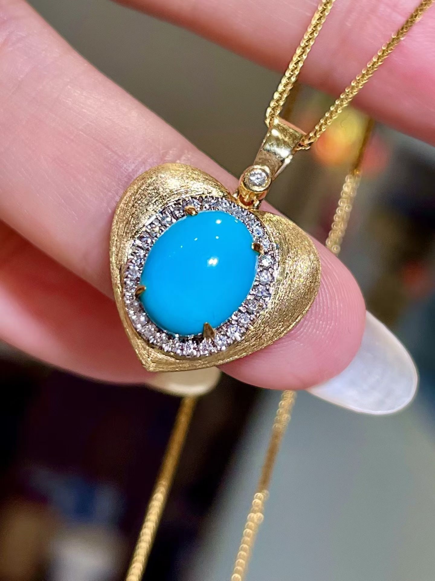 14k Gold 2.70 Ctw Natural Blue Turquoise & Diamond Pendant( Without Chain ) - 3