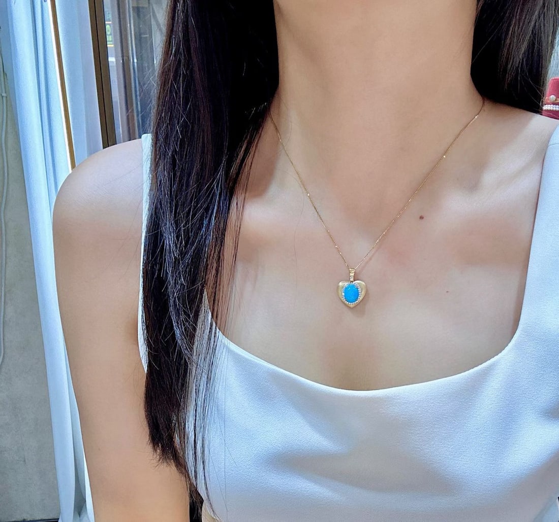 14k Gold 2.70 Ctw Natural Blue Turquoise & Diamond Pendant( Without Chain ) - 4