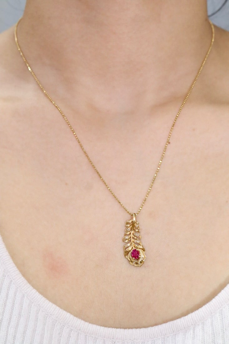 14k Gold 0.38 Ctw Natural Ruby & Diamond Pendant( Without Chain ) - 4